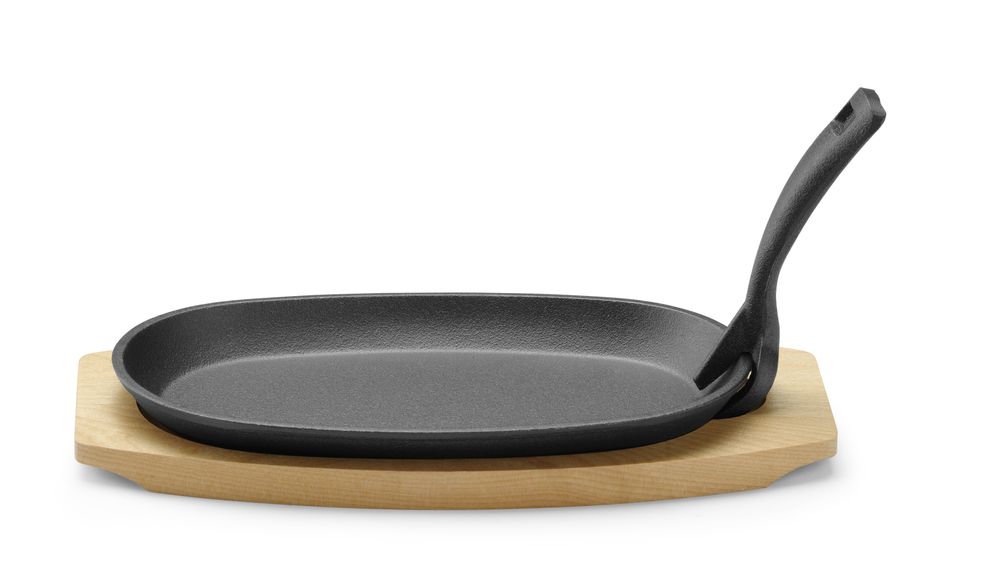 Gietijzeren schaal met houten onderlegger en greep, HENDI, Zwart, 280x143x(H)33mm, Ovaal