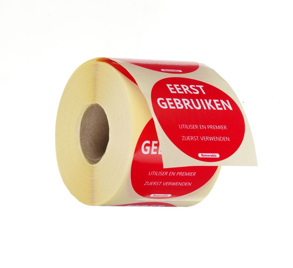 Voedselveiligheidsstickers, multifunctioneel, eenvoudig verwijderbaar, “EERST GEBRUIKEN”, HENDI, Rood, 500 st., ⌀50mm