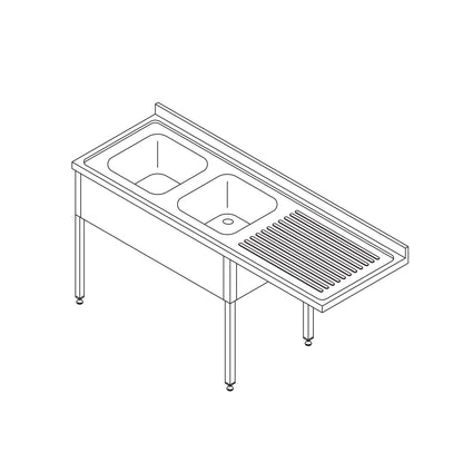 Spoeltafel - 200 x 70 cm - Aanvoer Vaatwasser Links - incl. 2 Wasbakken