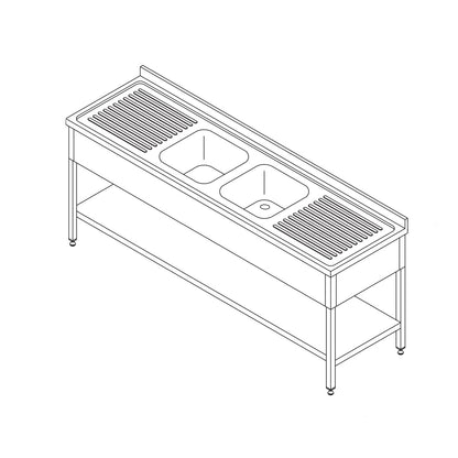 Spoeltafel - 190 x 70 cm - 2 Wasbakken - incl. Spatrand en Onderschap