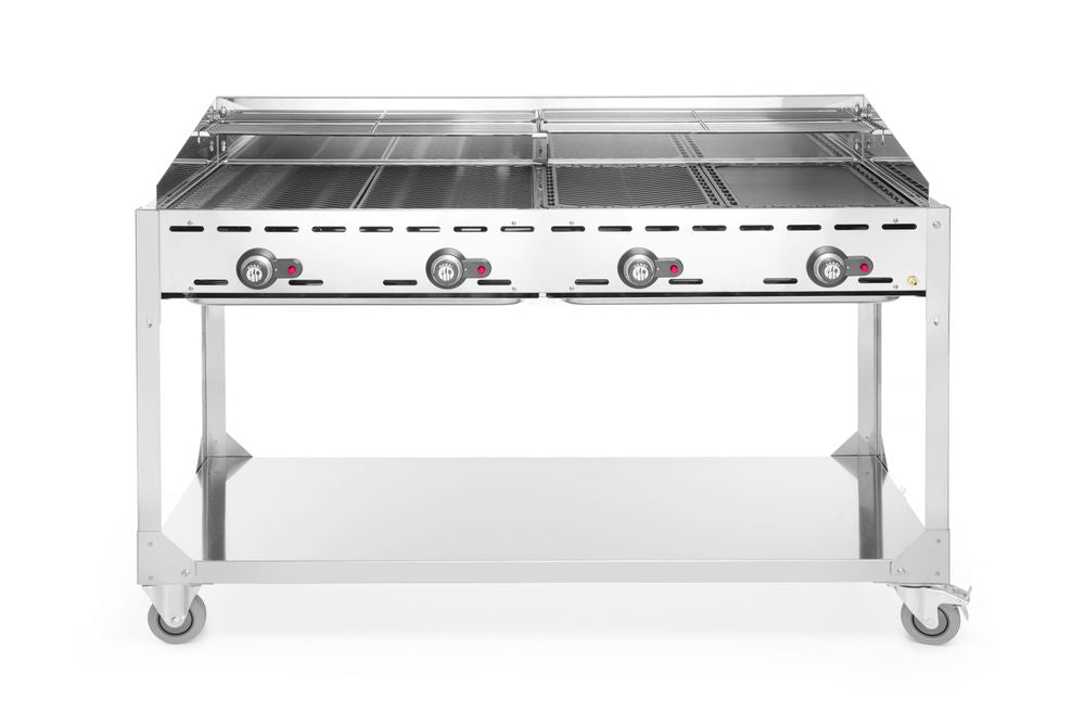 Green fire met 4 branders, HENDI, Profi Line, op verrijdbaar onderstel, Lichtgrijs, 22kW, 1400x612x(H)825mm