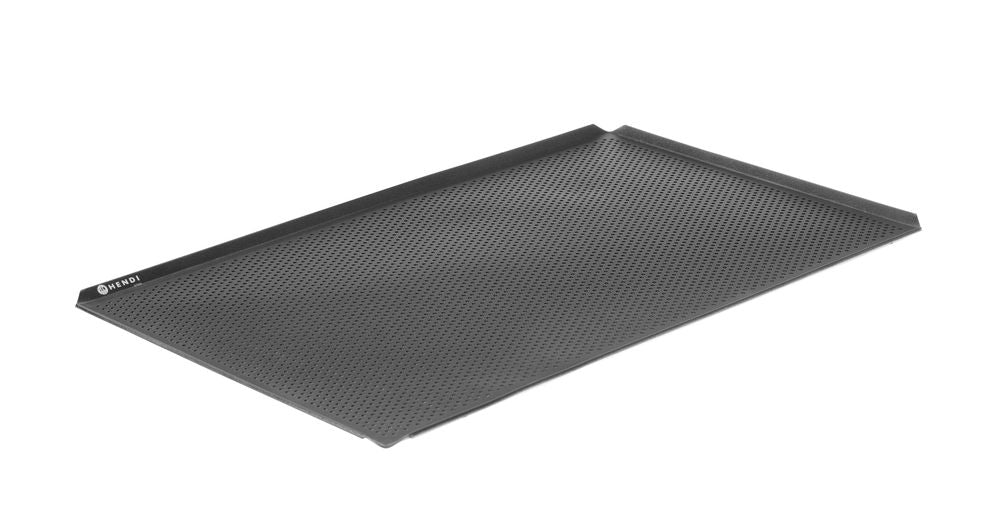 Tray, geperforeerd, anti-aanbak, 4 randen, HENDI, Zwart, 600x400x(H)10mm, Rechthoekig