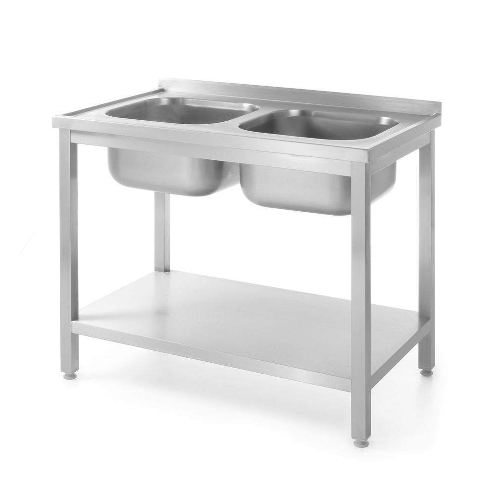 Tafel met 2 spoelbakken, met plank - geschroefd, HENDI, Profi Line, 1000x700x(H)850mm