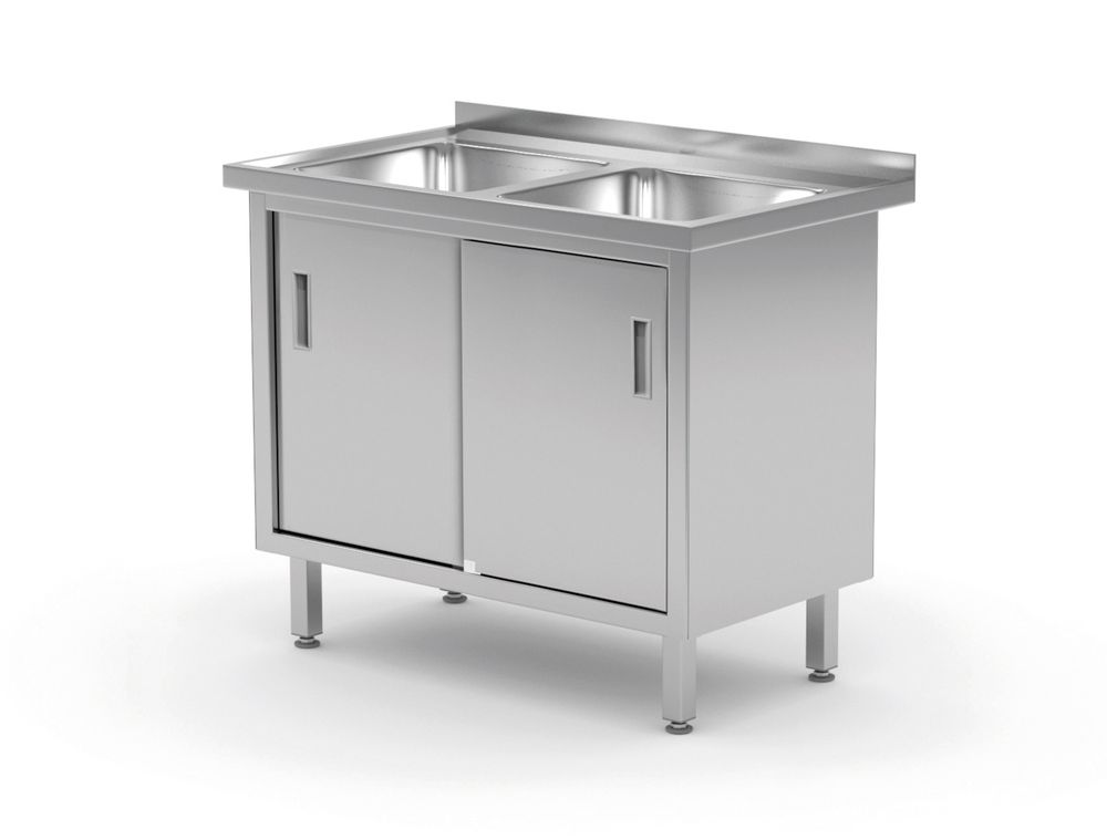 Tafel met 2 spoelbakken, kast – gelast, met schuifdeuren, HENDI, Profi Line, 1000x600x(H)850mm