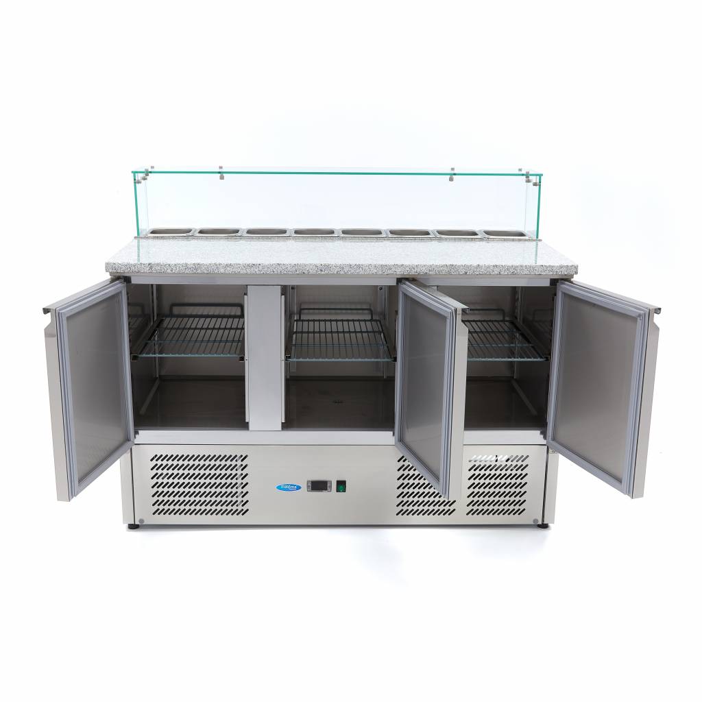 Pizzawerkbank - 137 cm - 3 Deuren - 8 x 1/6 GN - incl. Glazen Afdekking