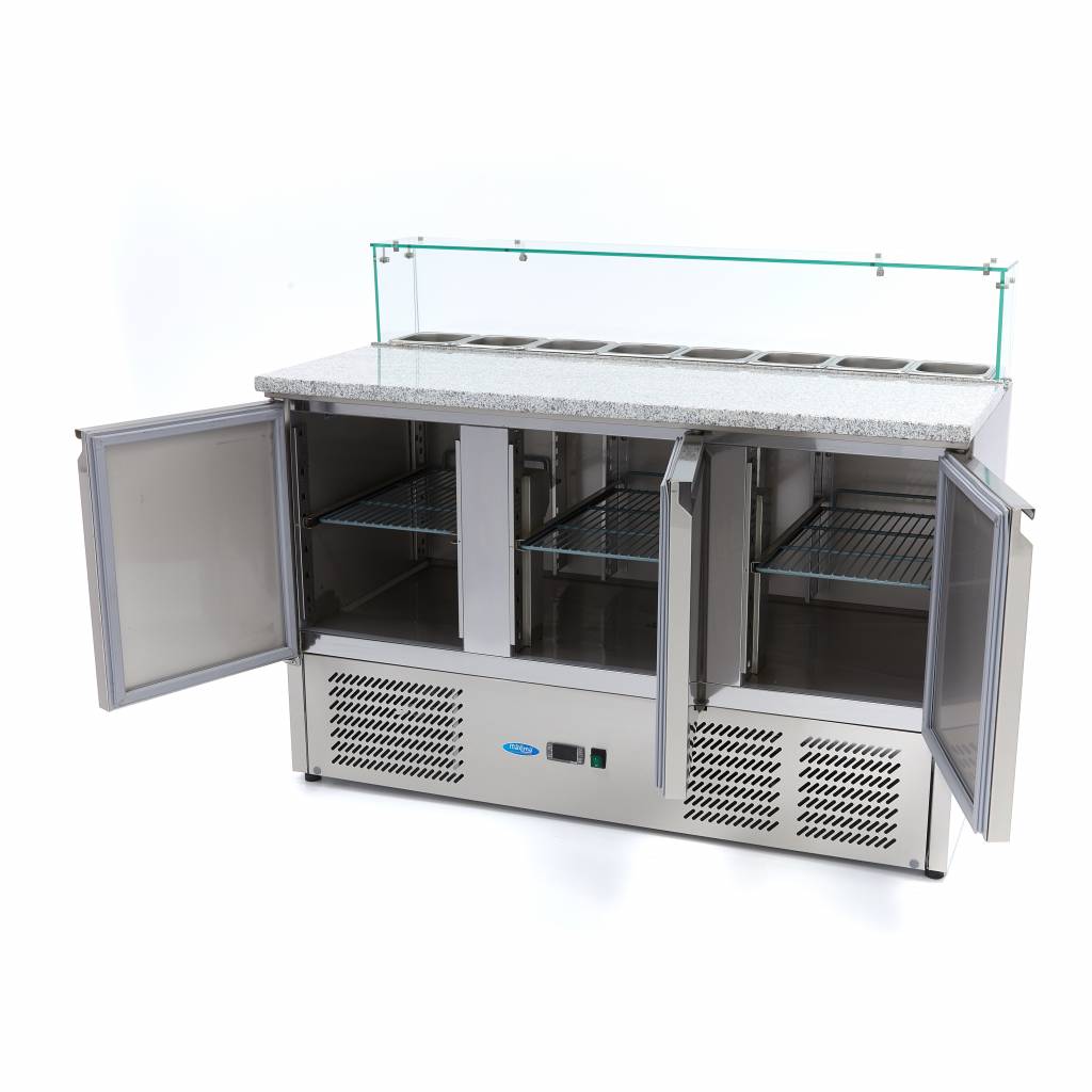 Pizzawerkbank - 137 cm - 3 Deuren - 8 x 1/6 GN - incl. Glazen Afdekking